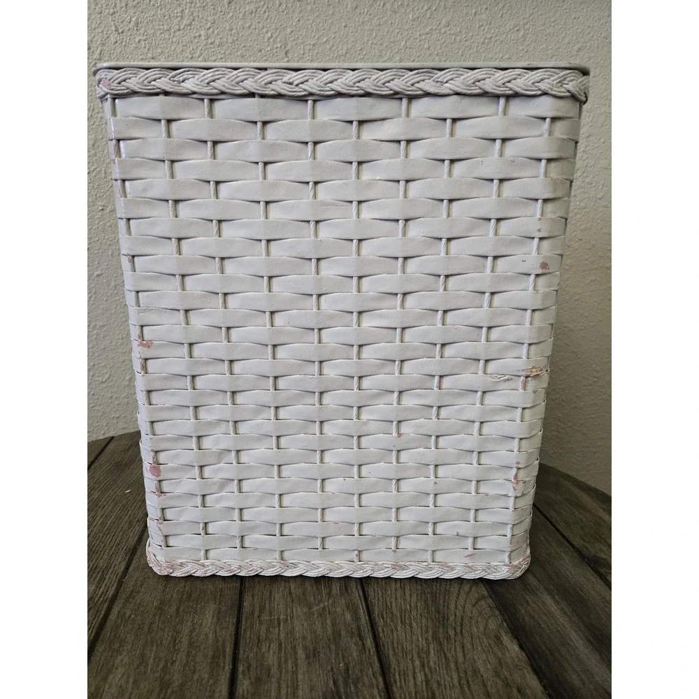 Vintage White Woven Wicker Trash Can Wastebasket Rectangle Shabby Chic MCM READ